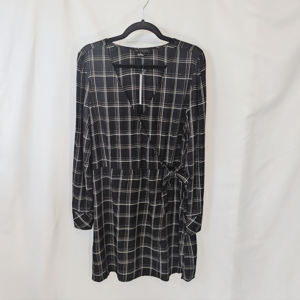 NWT Sanctuary Upbeat Faux Wrap Plaid Dress, Black White, Women's size 10
